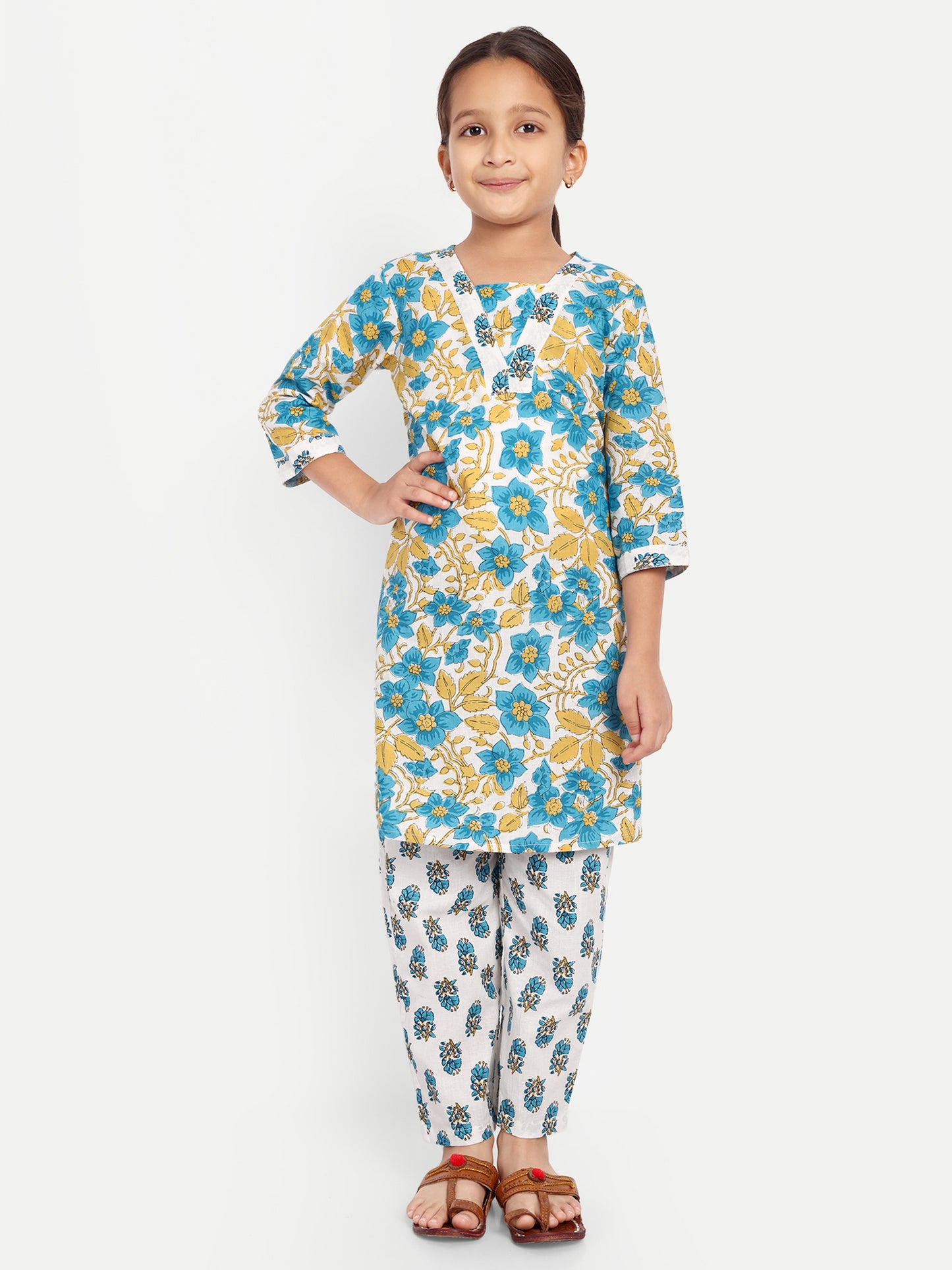Kurti Kritters: White & Blue Kurti Pant for Girls for Festive Diwali, Weddings, Special Family Occasions, casual outing