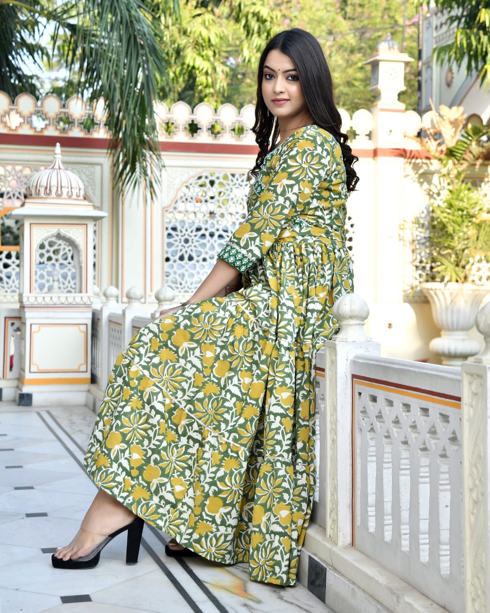 Pure cotton Bagru handblock printed & frilled Anarkali long gown (12 variants)