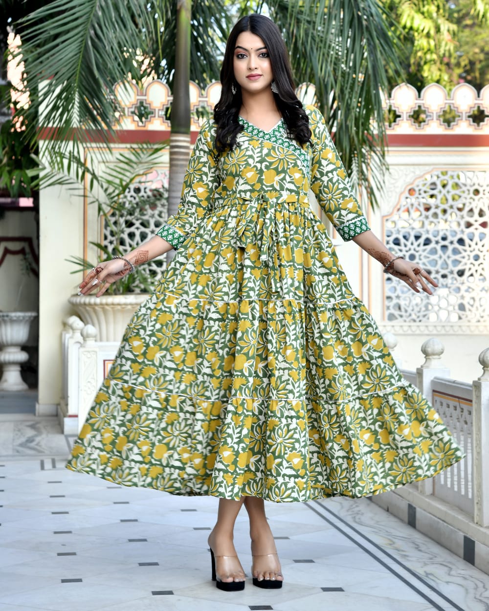 Pure cotton Bagru handblock printed & frilled Anarkali long gown (12 variants)
