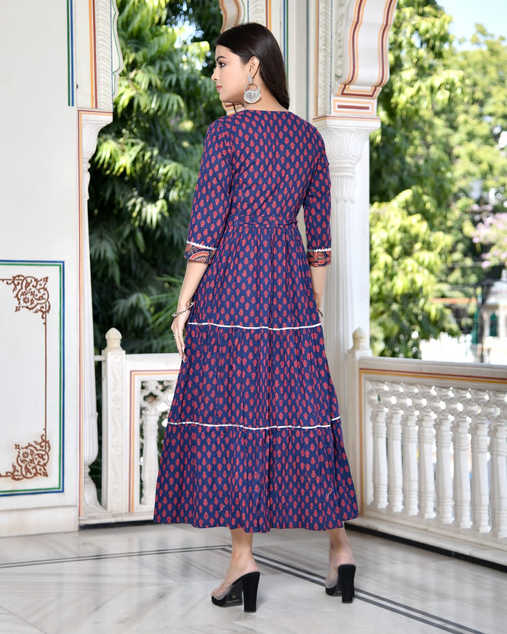 Pure cotton Bagru handblock printed & frilled Anarkali long gown (12 variants)
