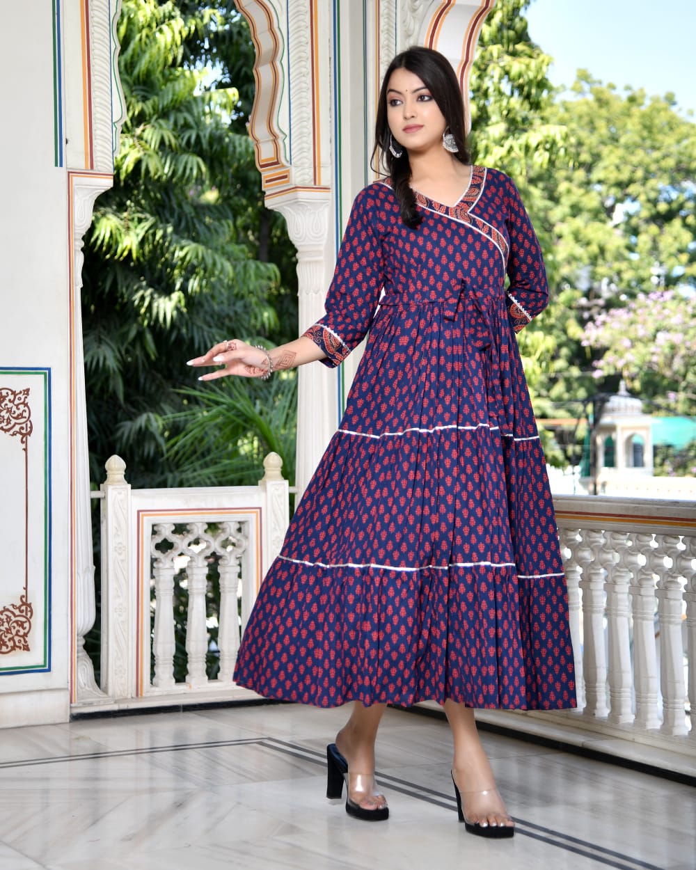 Pure cotton Bagru handblock printed & frilled Anarkali long gown (12 variants)