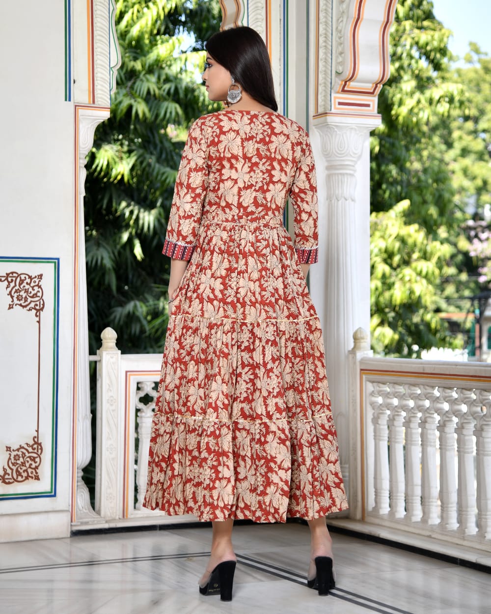 Pure cotton Bagru handblock printed & frilled Anarkali long gown (12 variants)