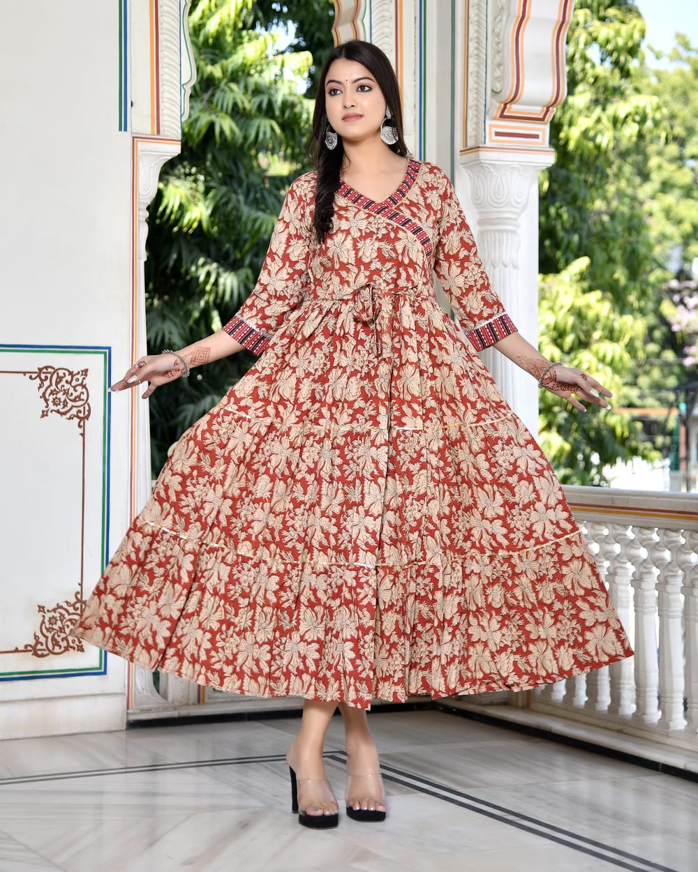 Pure cotton Bagru handblock printed & frilled Anarkali long gown (12 variants)