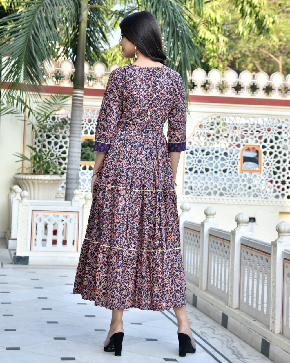 Pure cotton Bagru handblock printed & frilled Anarkali long gown (12 variants)