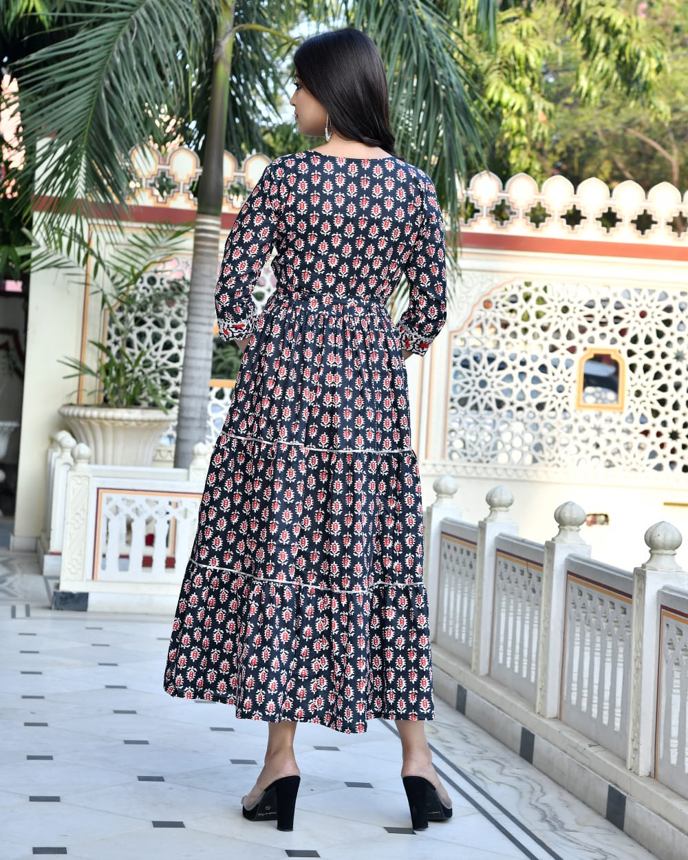 Pure cotton Bagru handblock printed & frilled Anarkali long gown (12 variants)