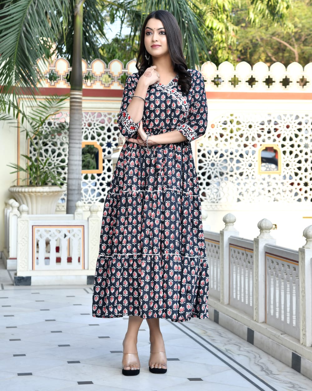 Pure cotton Bagru handblock printed & frilled Anarkali long gown (12 variants)
