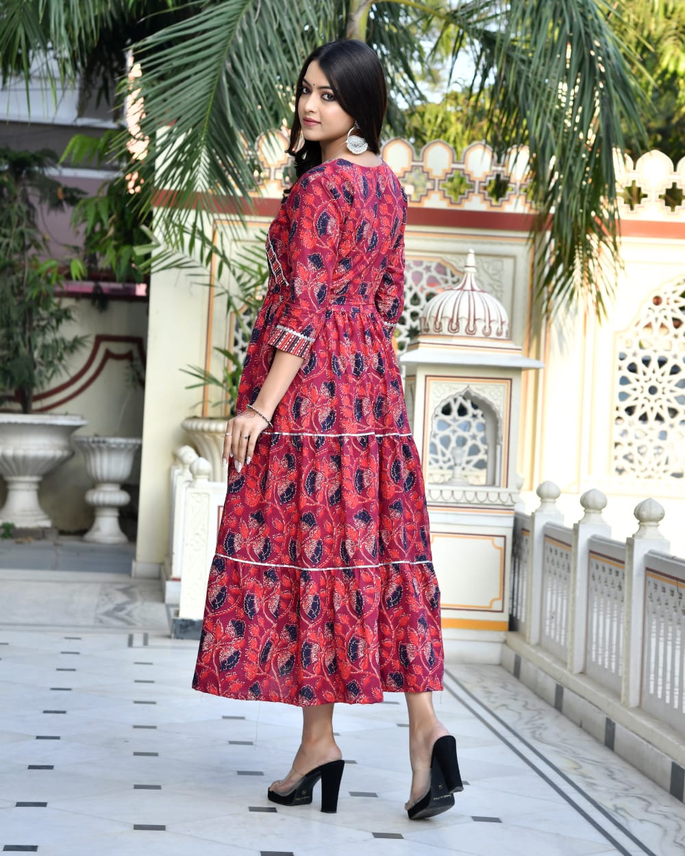 Pure cotton Bagru handblock printed & frilled Anarkali long gown (12 variants)