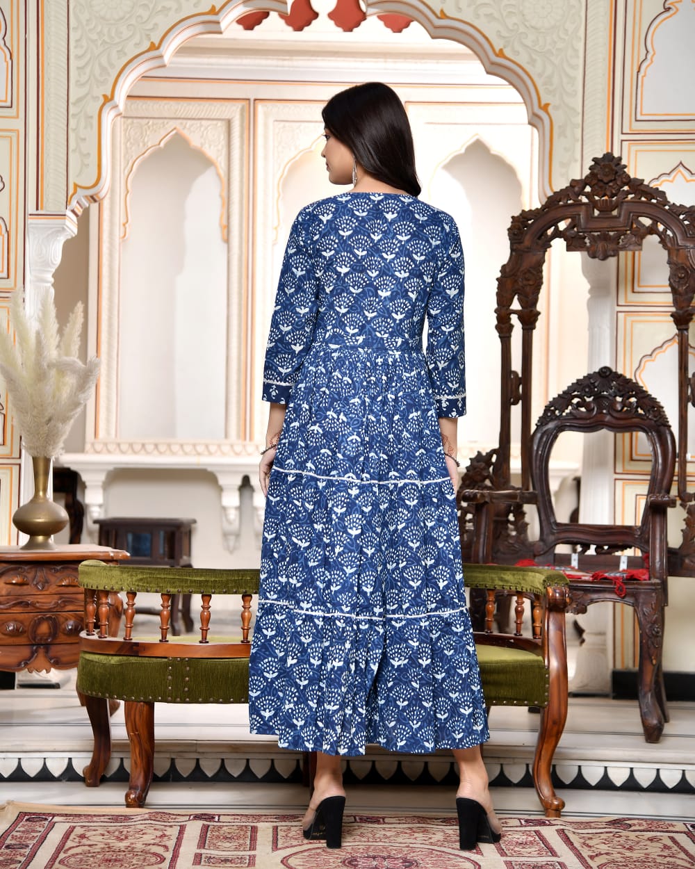 Pure cotton Bagru handblock printed & frilled Anarkali long gown (12 variants)