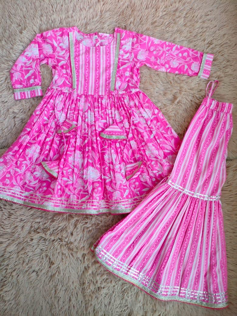 Sharara Shimmer: Pink & White Kurti Sharara for Girls for Festive Diwali, Weddings, Special Family Occasions, casual outing