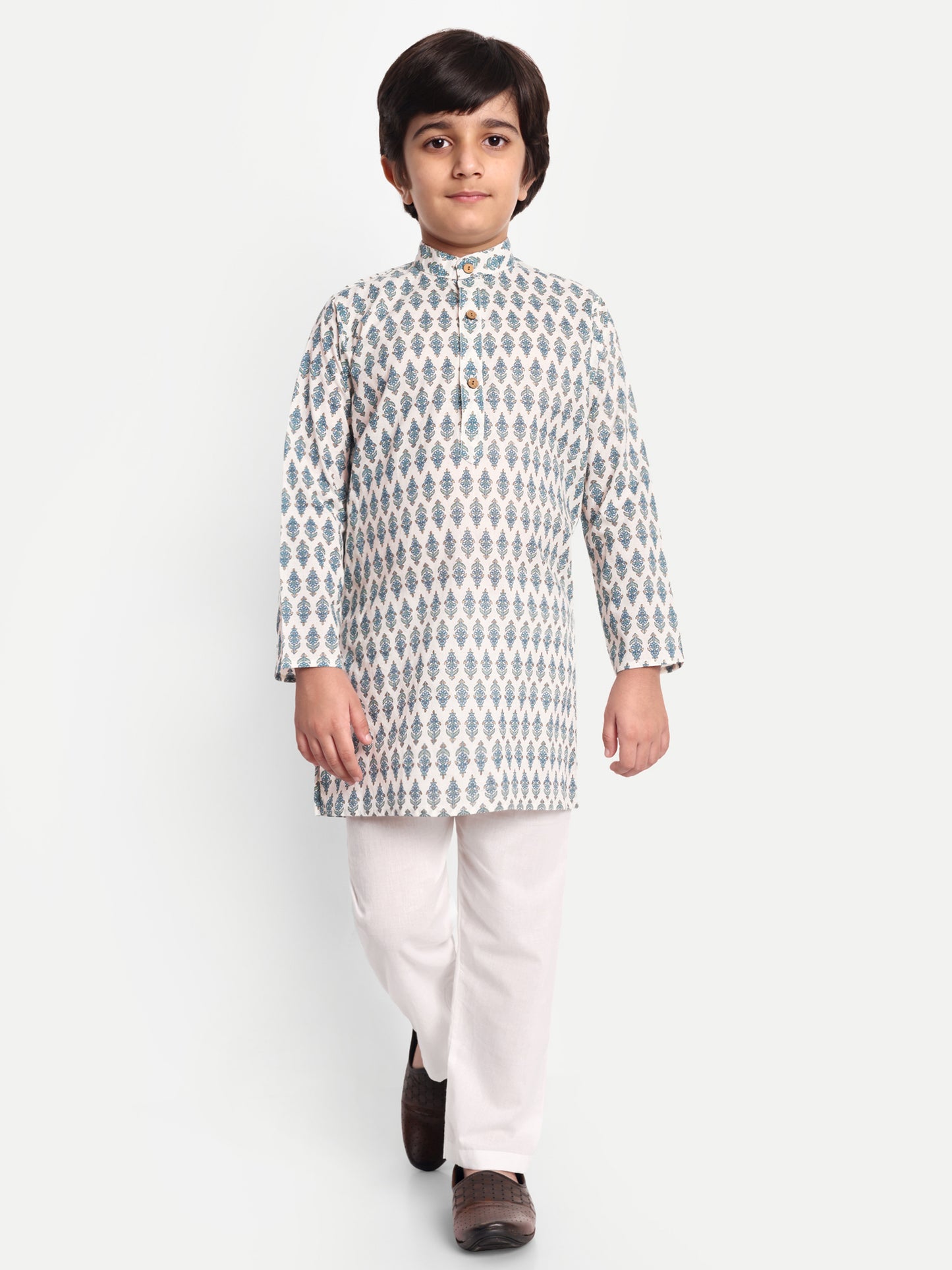 Chhote Nawabs: Kurta Pyjama Jacket for boys (White with blue) for Festive,Wedding & special family occasions!