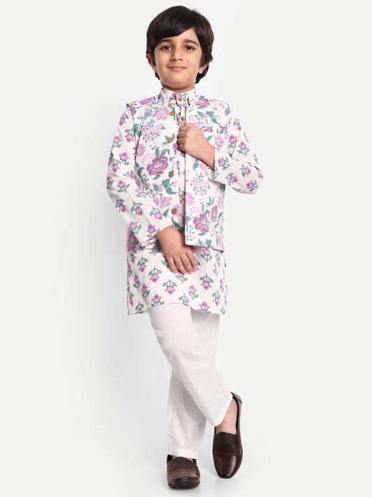 Chhote Nawabs: Kurta Pyjama Jacket for boys (White with Purple) for Festive,Wedding & special family occasions!