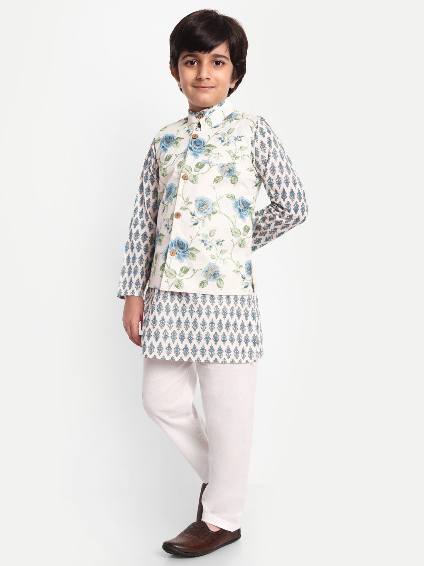 Chhote Nawabs: Kurta Pyjama Jacket for boys (White with blue) for Festive,Wedding & special family occasions!