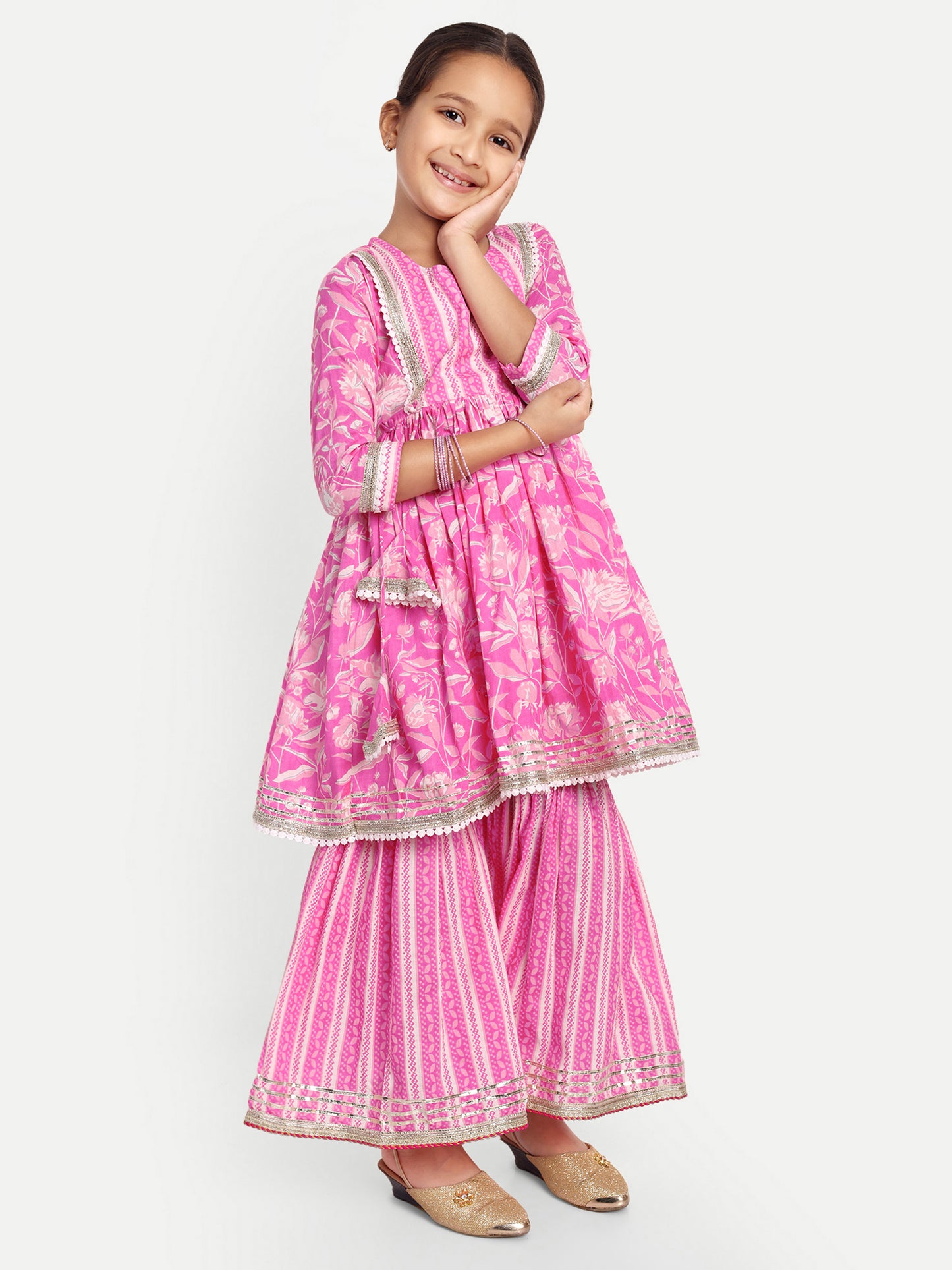 Sharara Shimmer: Pink & White Kurti Sharara for Girls for Festive Diwali, Weddings, Special Family Occasions, casual outing