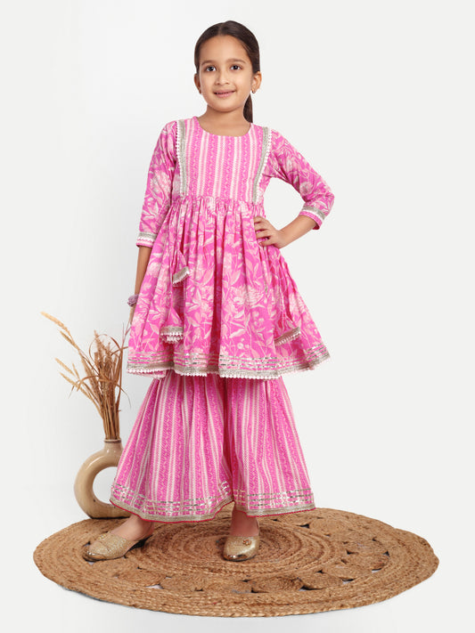 Sharara Shimmer: Pink & White Kurti Sharara for Girls for Festive Diwali, Weddings, Special Family Occasions, casual outing