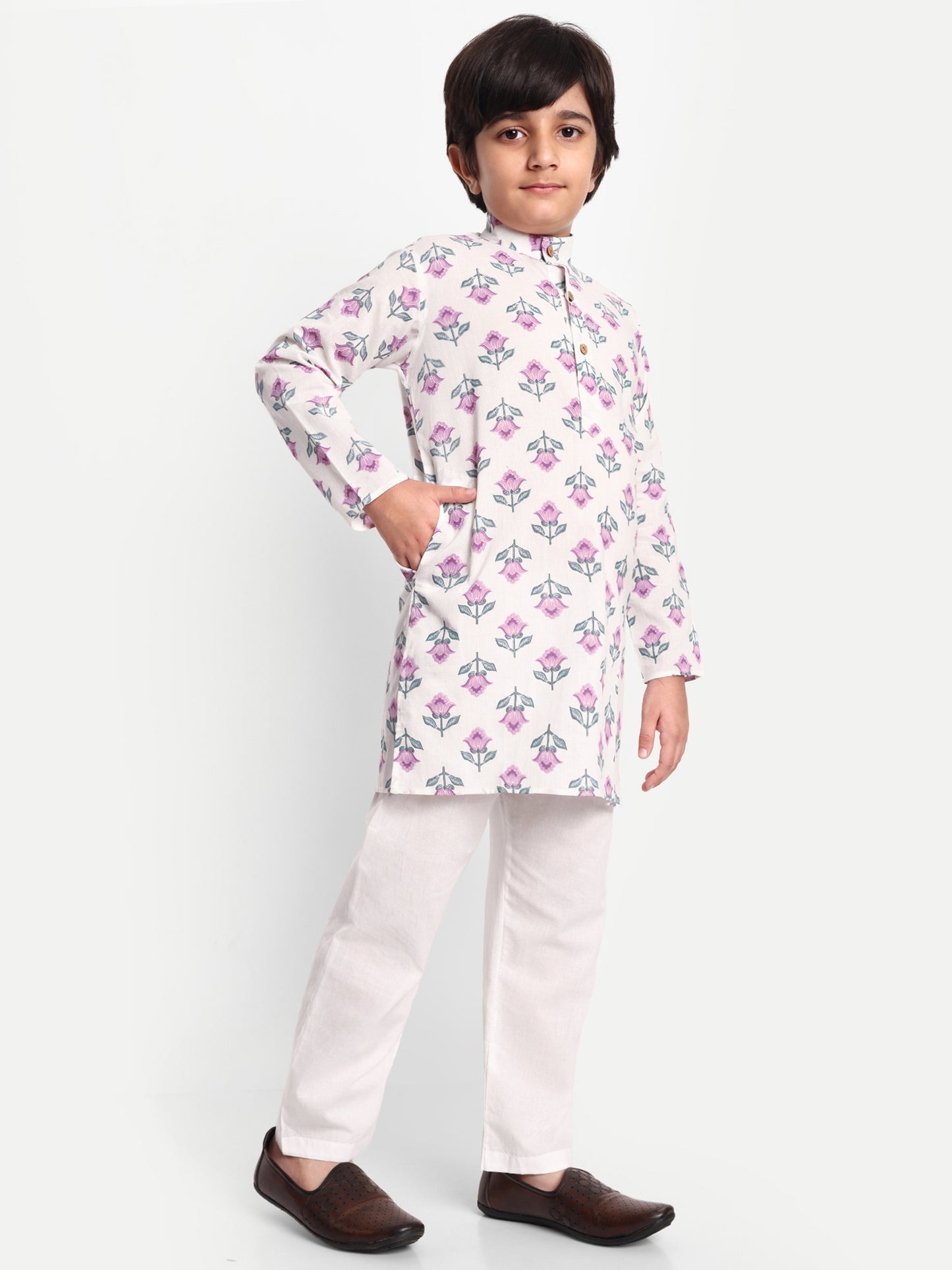 Chhote Nawabs: Kurta Pyjama Jacket for boys (White with Purple) for Festive,Wedding & special family occasions!