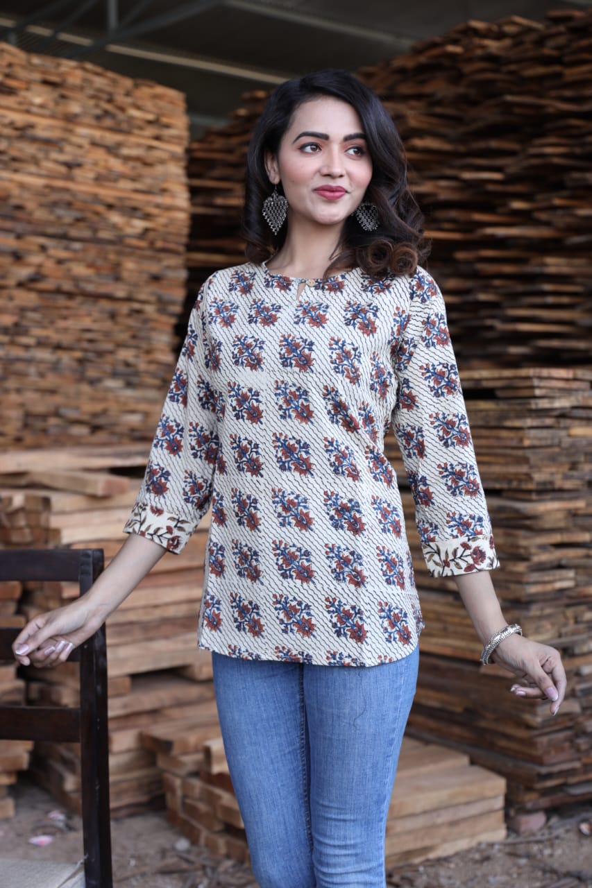 Bagru hand block printed cotton short tops (42 variants)