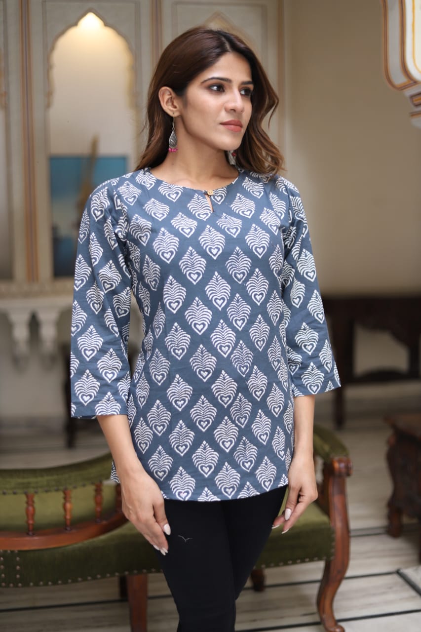 Bagru hand block printed cotton short tops (42 variants)