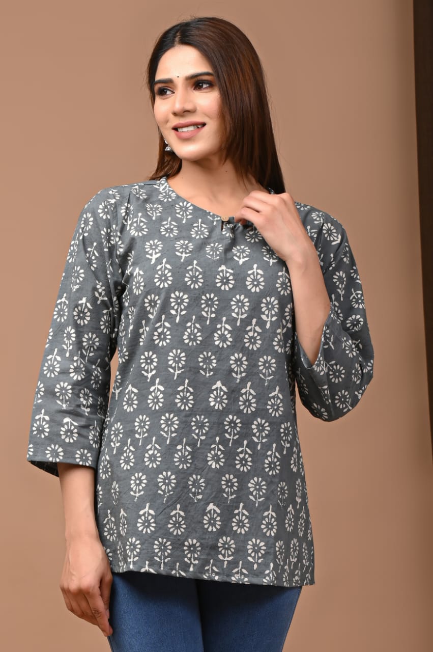 Bagru hand block printed cotton short tops (42 variants)