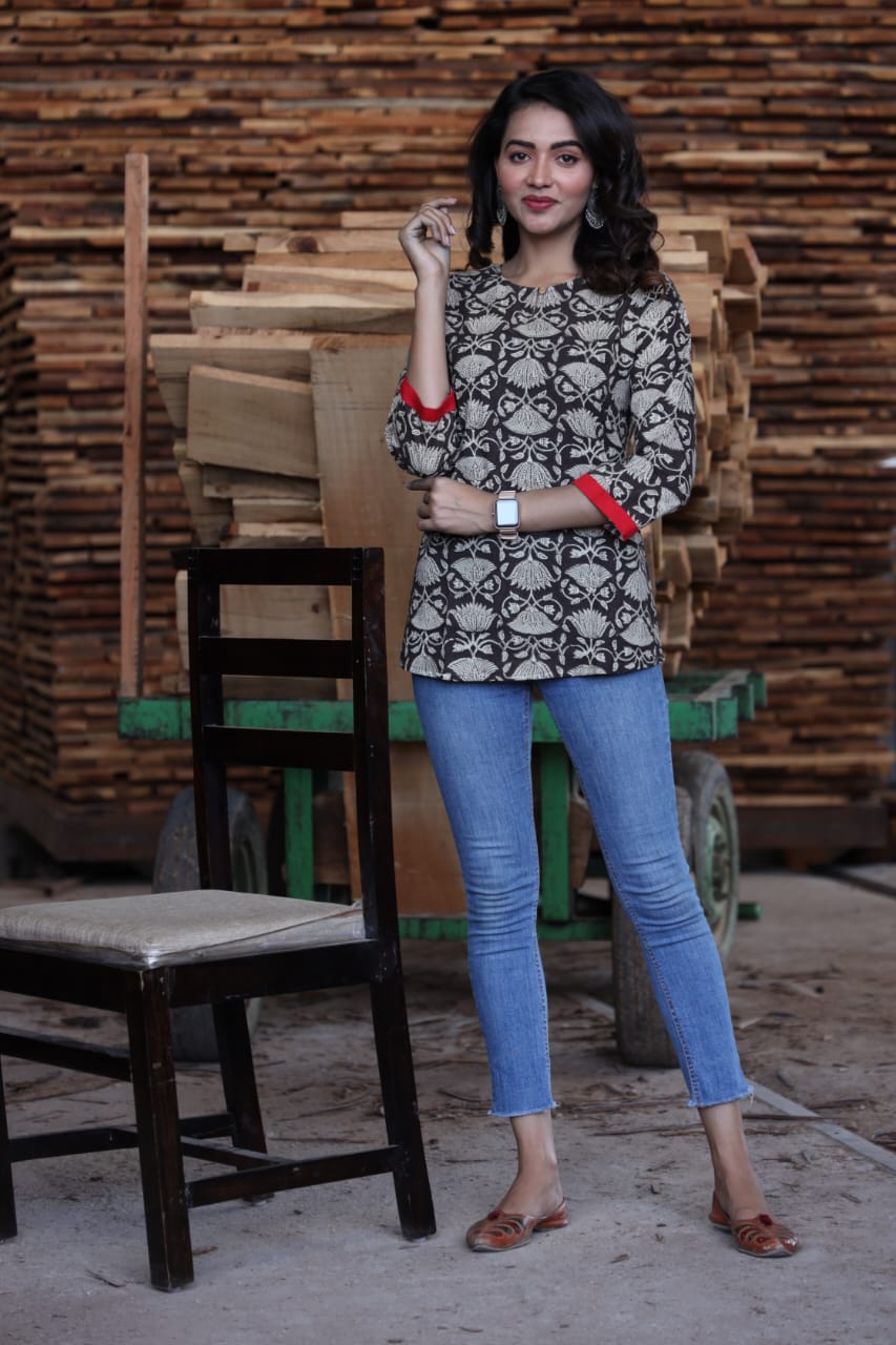 Bagru hand block printed cotton short tops (42 variants)