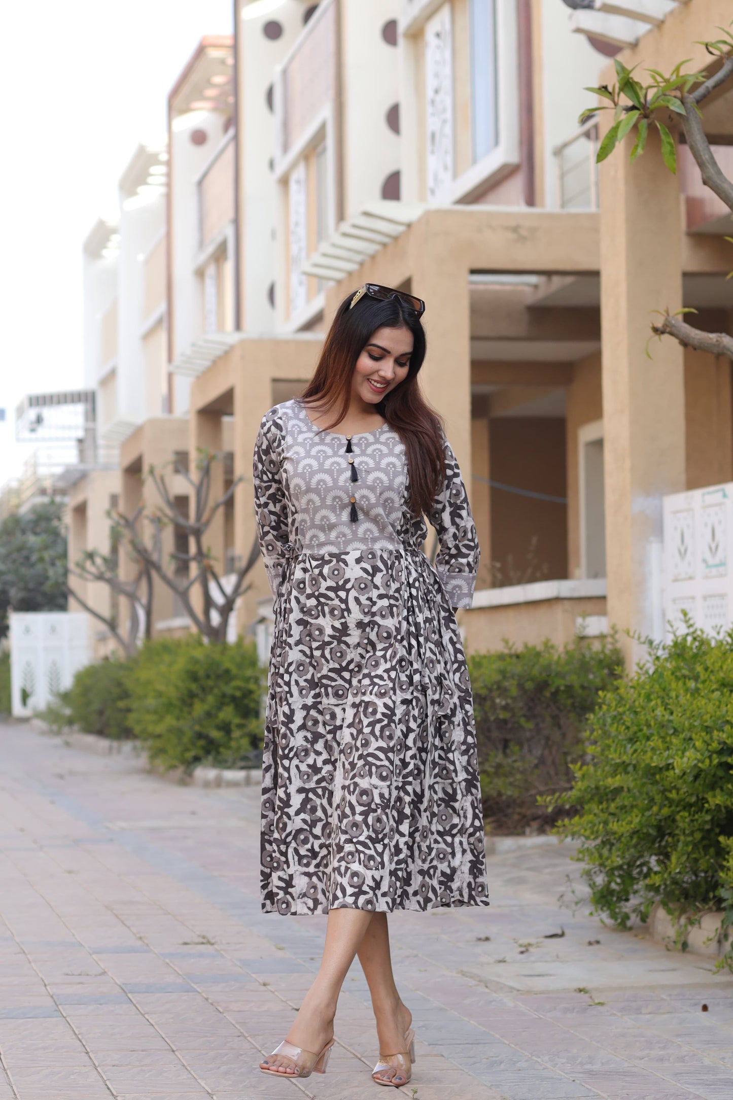 Bagru Hand Printed Designer Long Dress with front design & flare (19 variants)