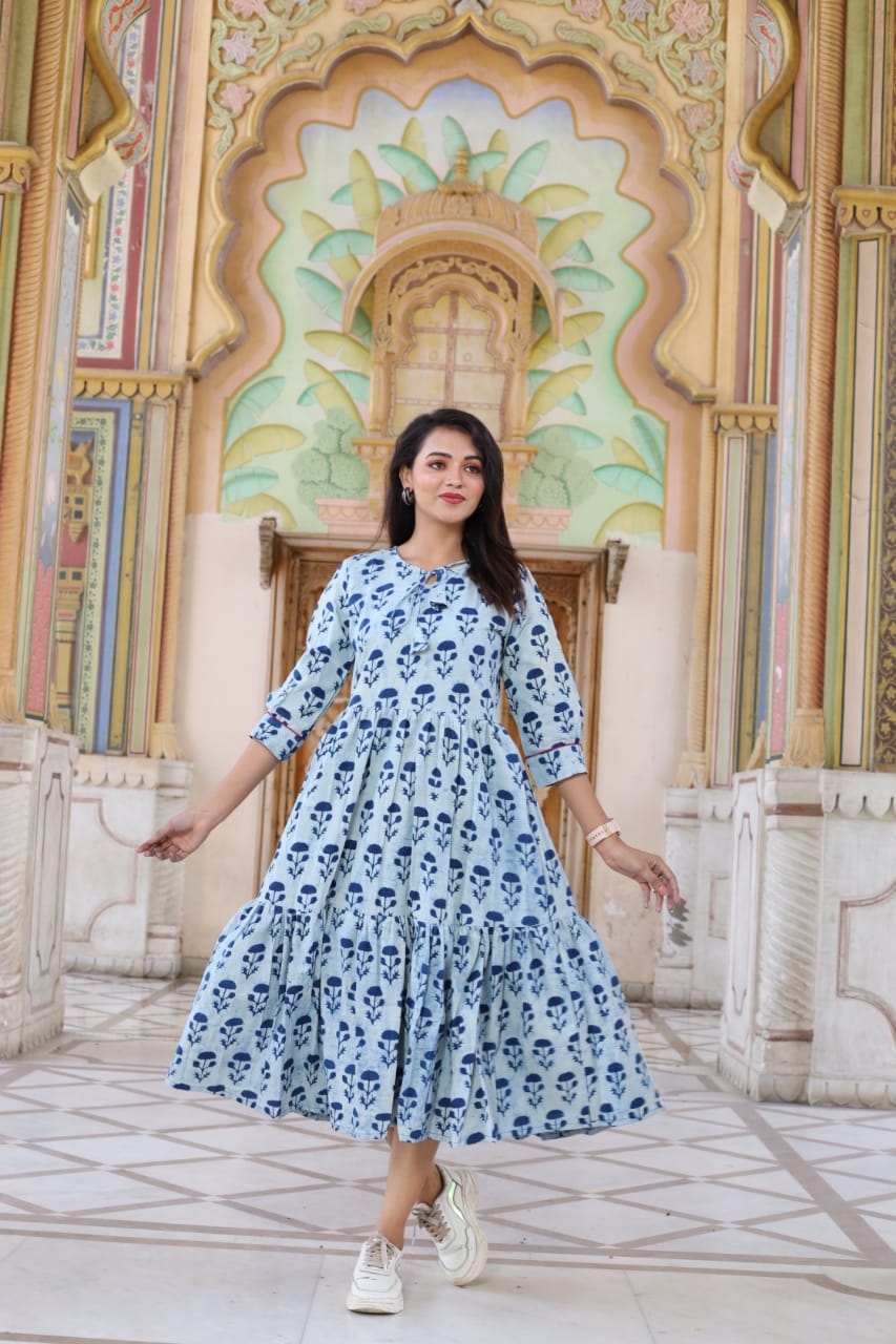 Bagru hand block printed cotton frill one piece dress (8 variants)