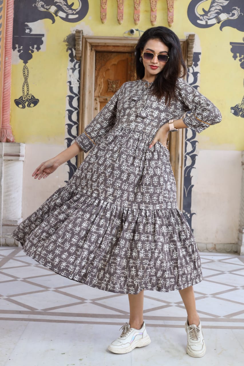 Bagru hand block printed cotton frill one piece dress (8 variants)