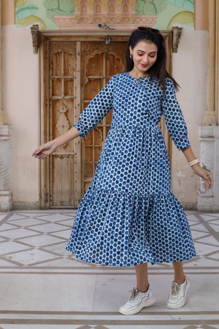 Bagru hand block printed cotton frill one piece dress (8 variants)