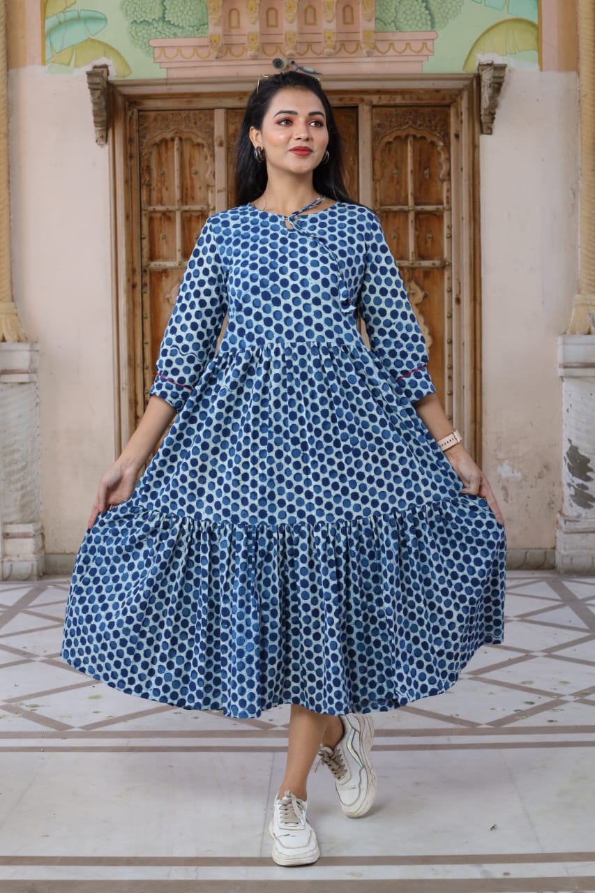 Bagru hand block printed cotton frill one piece dress 8 variants