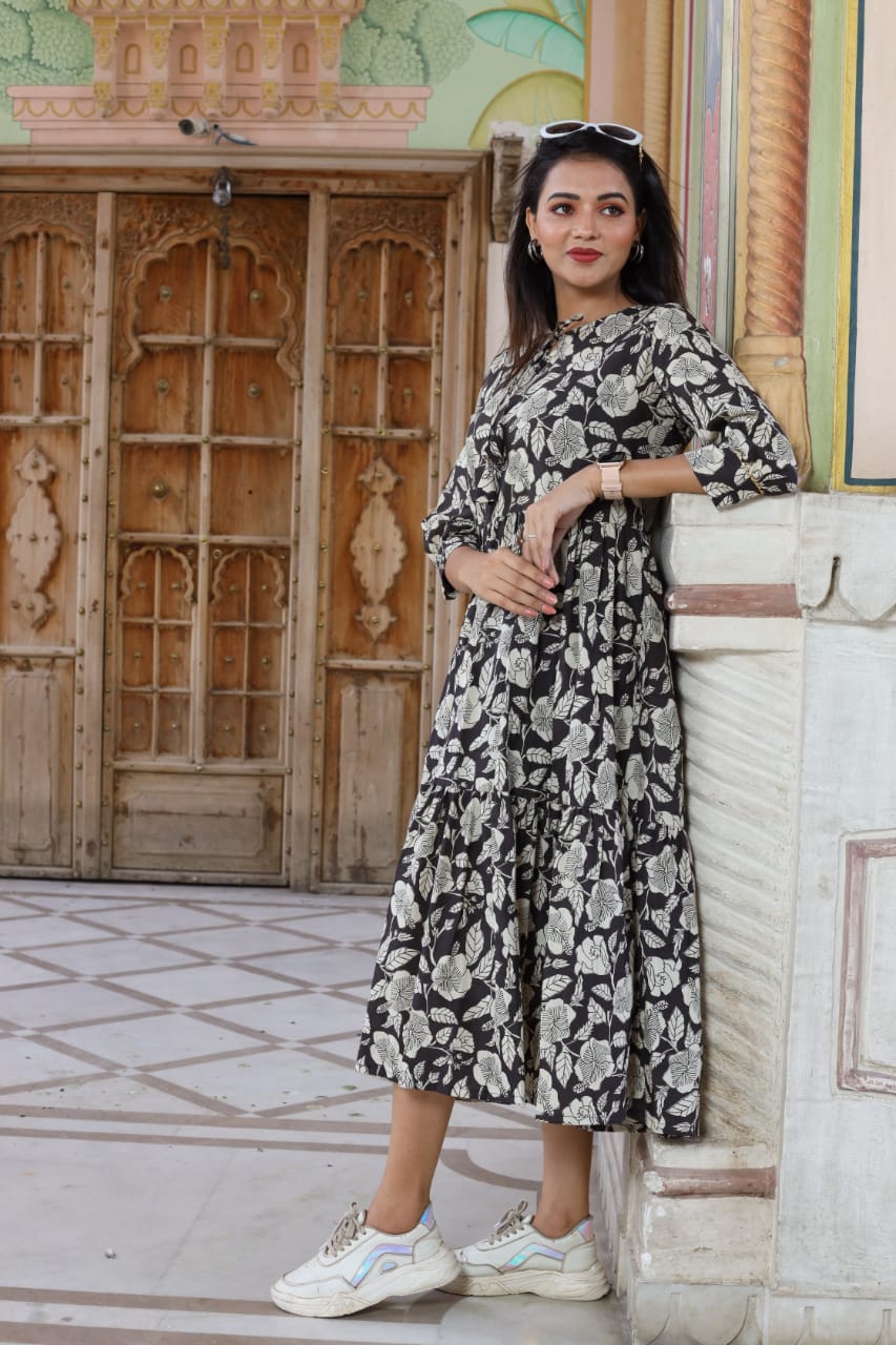 Bagru hand block printed cotton frill one piece dress (8 variants)