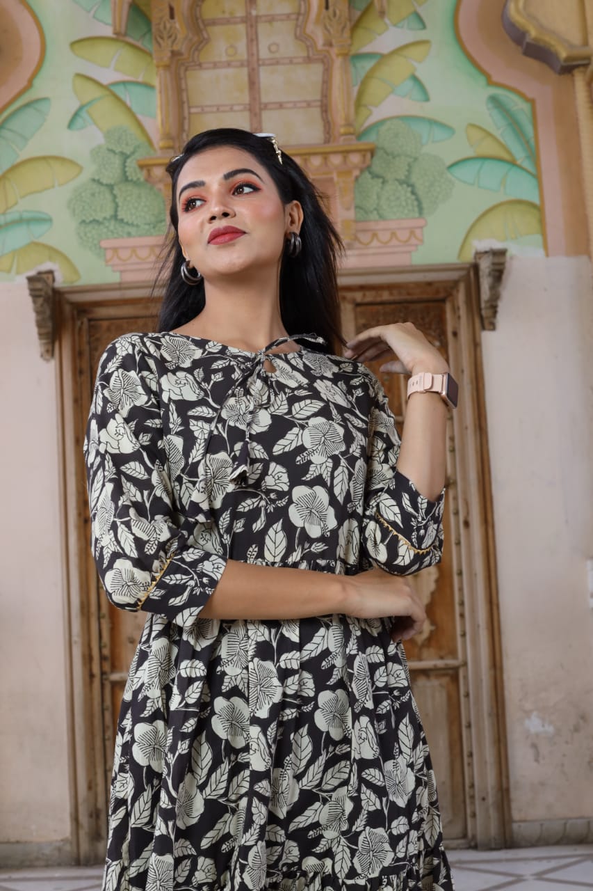 Bagru hand block printed cotton frill one piece dress (8 variants)