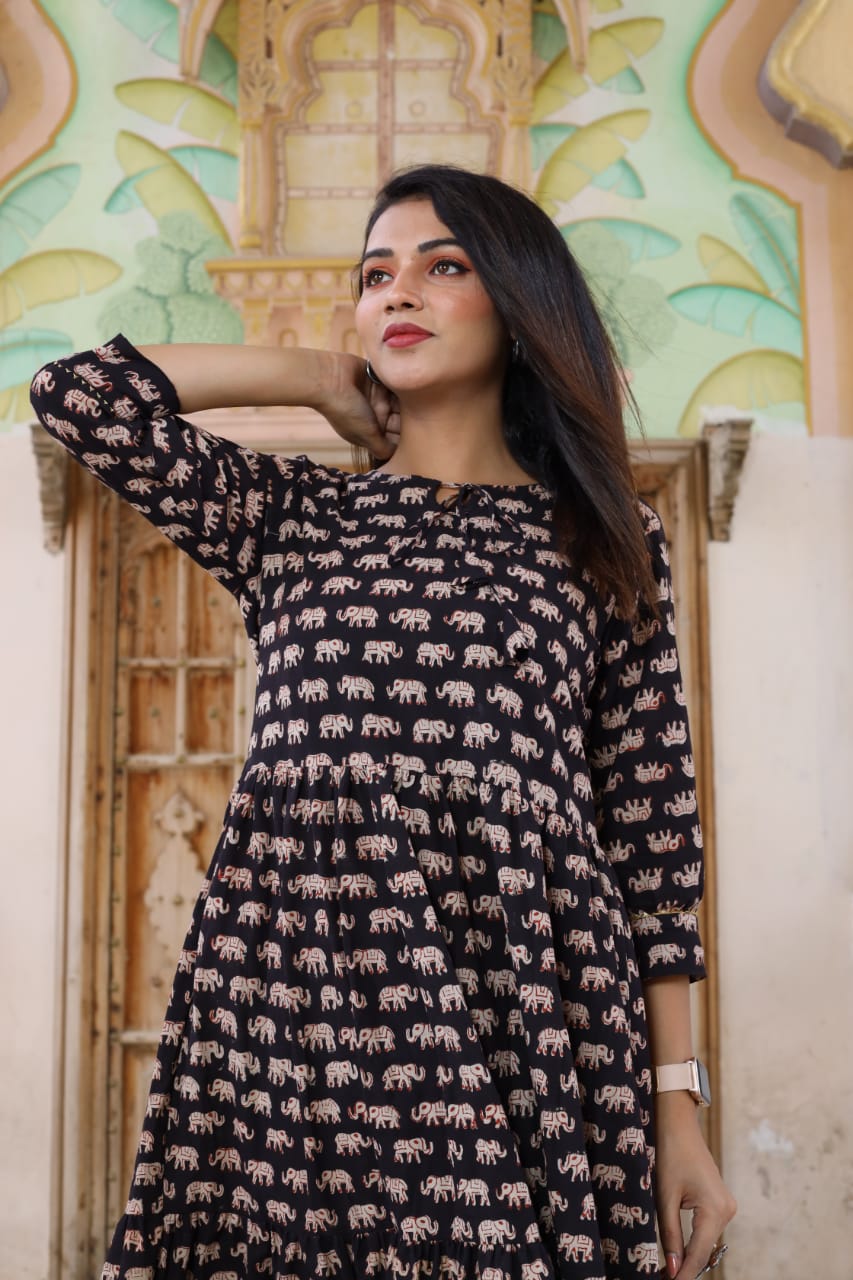 Bagru hand block printed cotton frill one piece dress (8 variants)