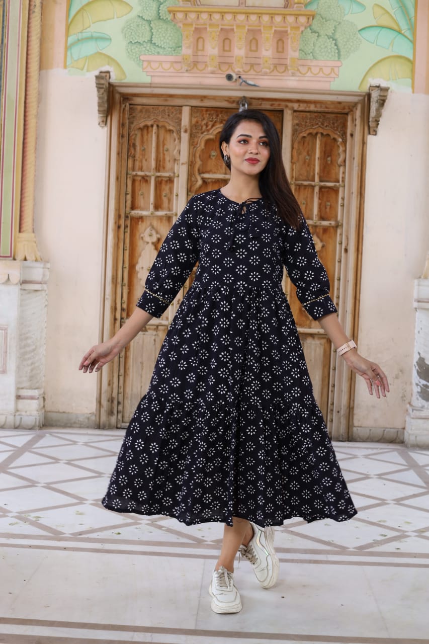 Bagru hand block printed cotton frill one piece dress (8 variants)