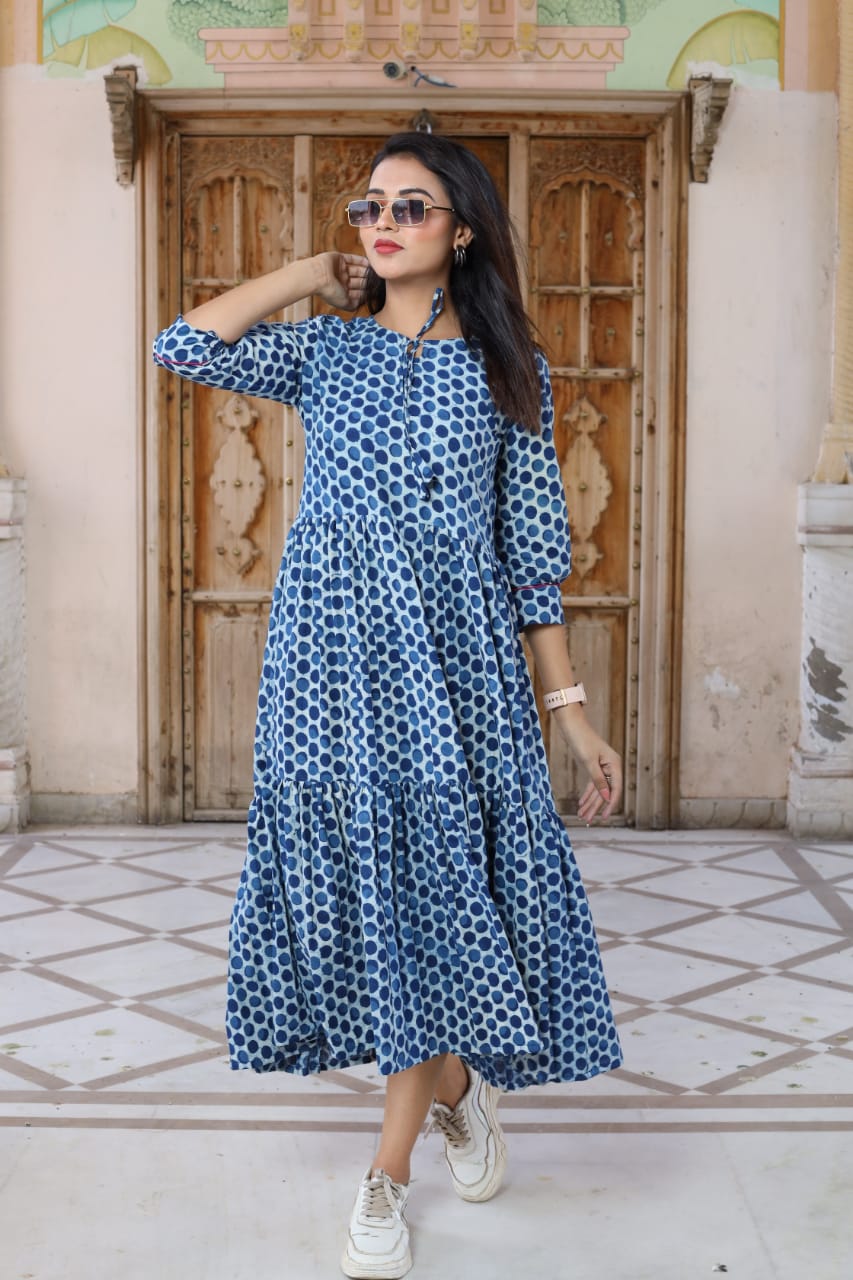 Bagru hand block printed cotton frill one piece dress (8 variants)