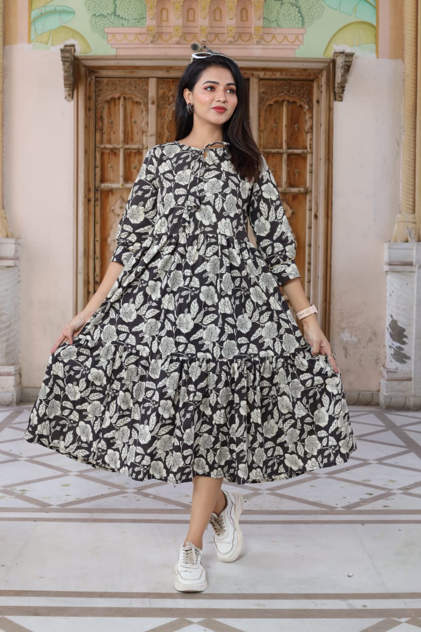 Bagru hand block printed cotton frill one piece dress (8 variants)