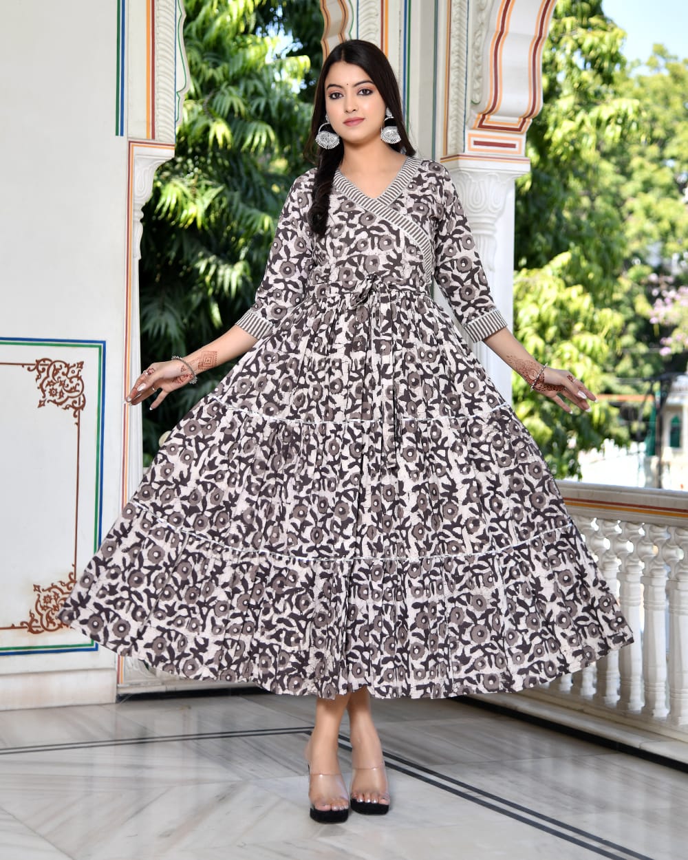 Pure cotton Bagru handblock printed & frilled Anarkali long gown (12 variants)