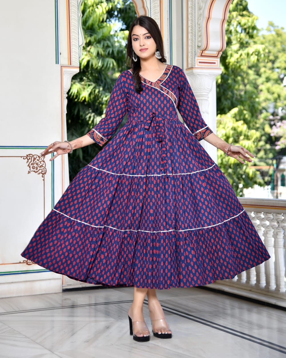 Pure cotton Bagru handblock printed & frilled Anarkali long gown (12 variants)