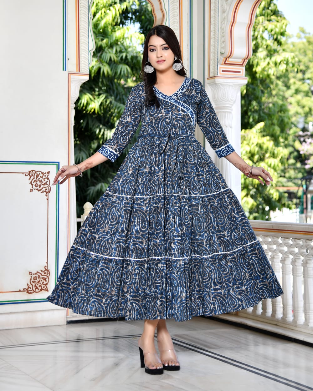 Pure cotton Bagru handblock printed & frilled Anarkali long gown (12 variants)