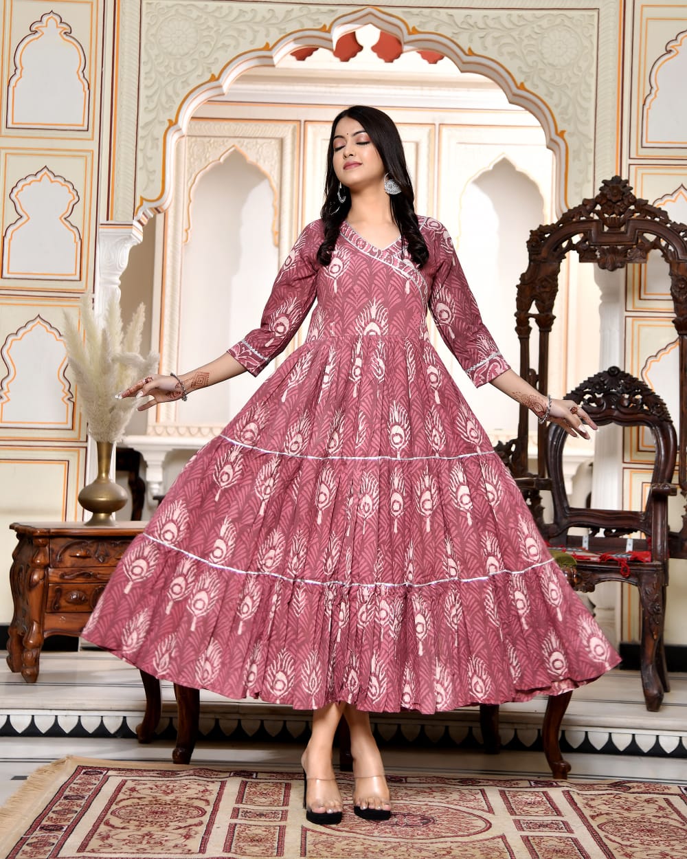 Pure cotton Bagru handblock printed & frilled Anarkali long gown (12 variants)