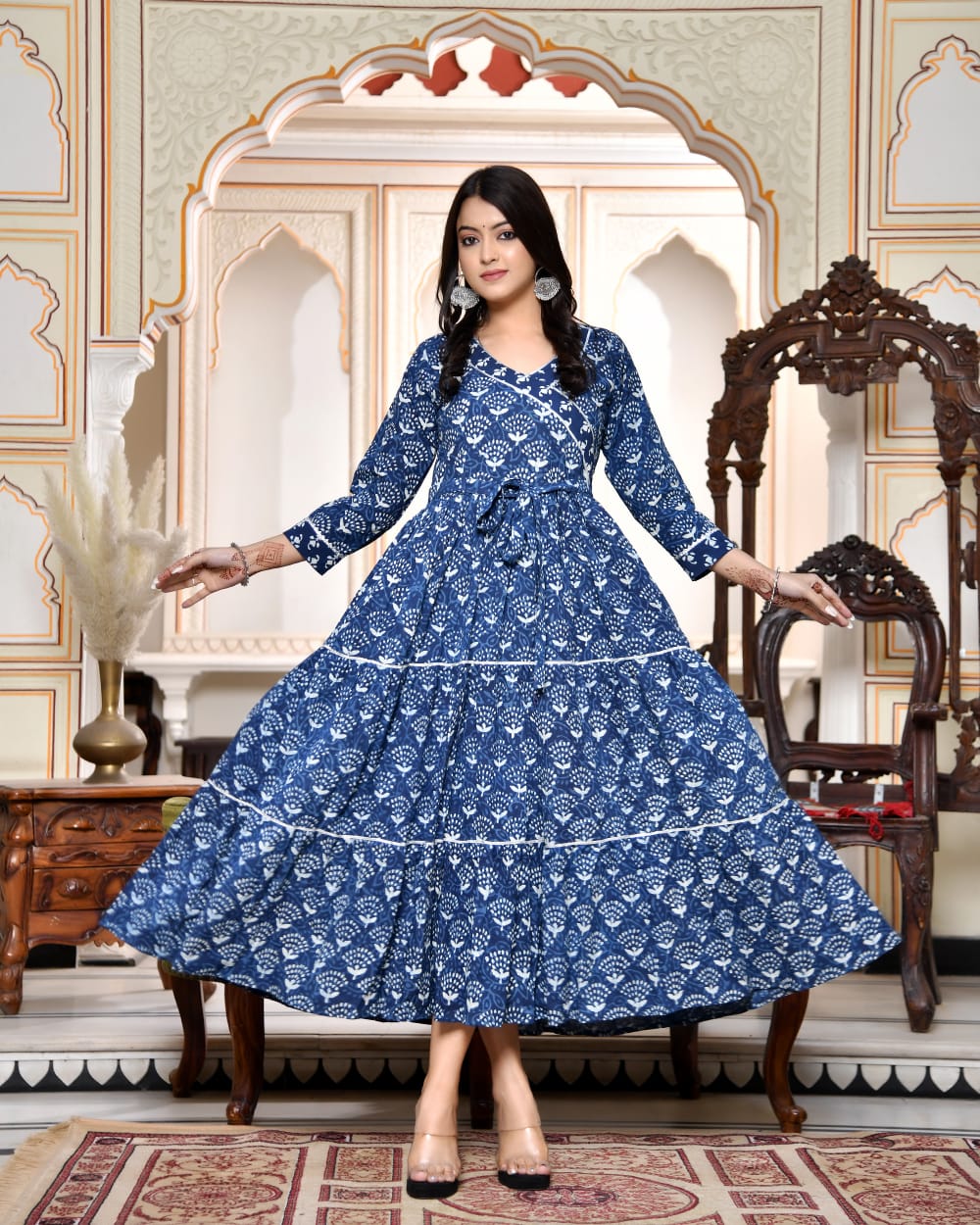 Pure cotton Bagru handblock printed & frilled Anarkali long gown (12 variants)