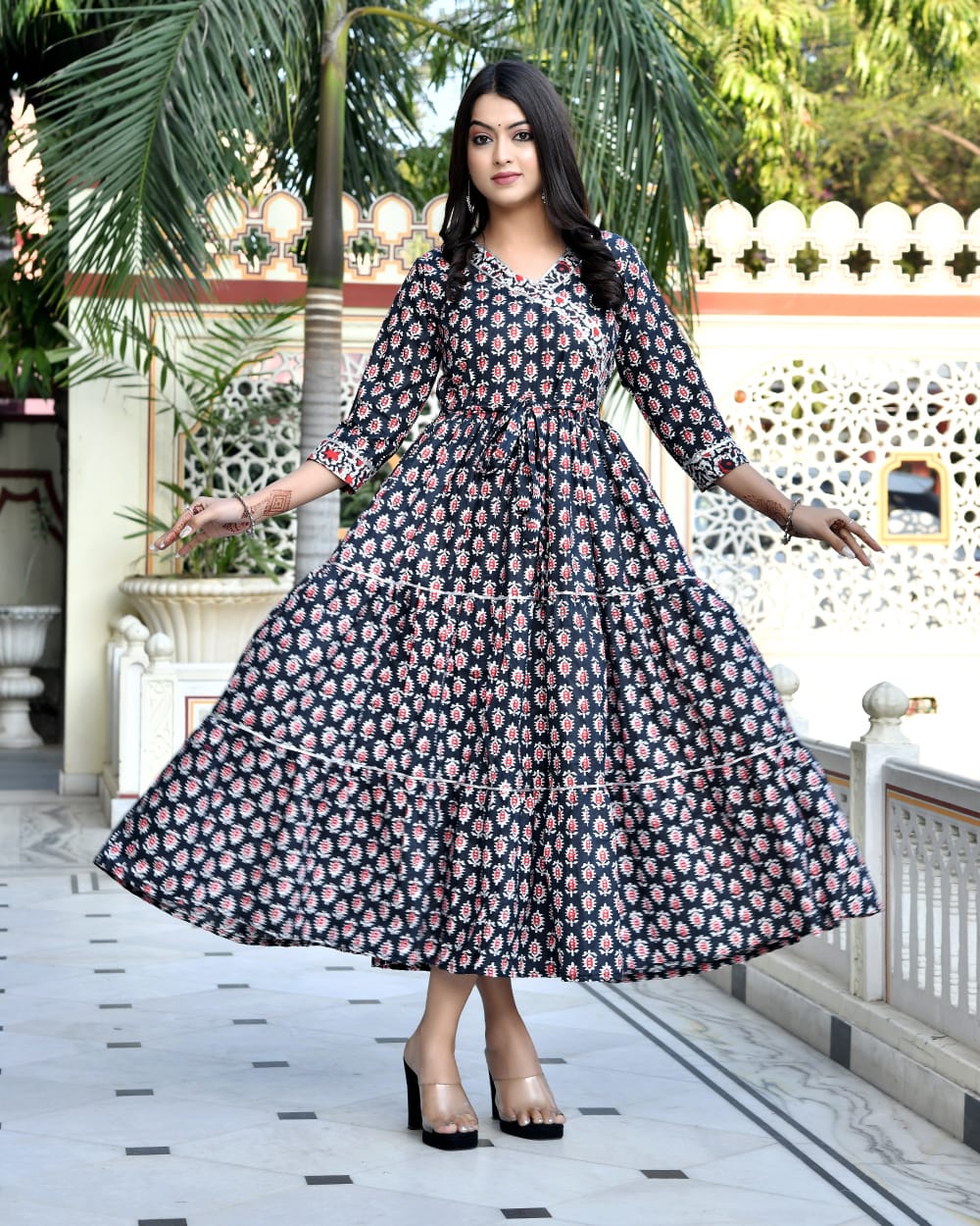 Pure cotton Bagru handblock printed & frilled Anarkali long gown (12 variants)