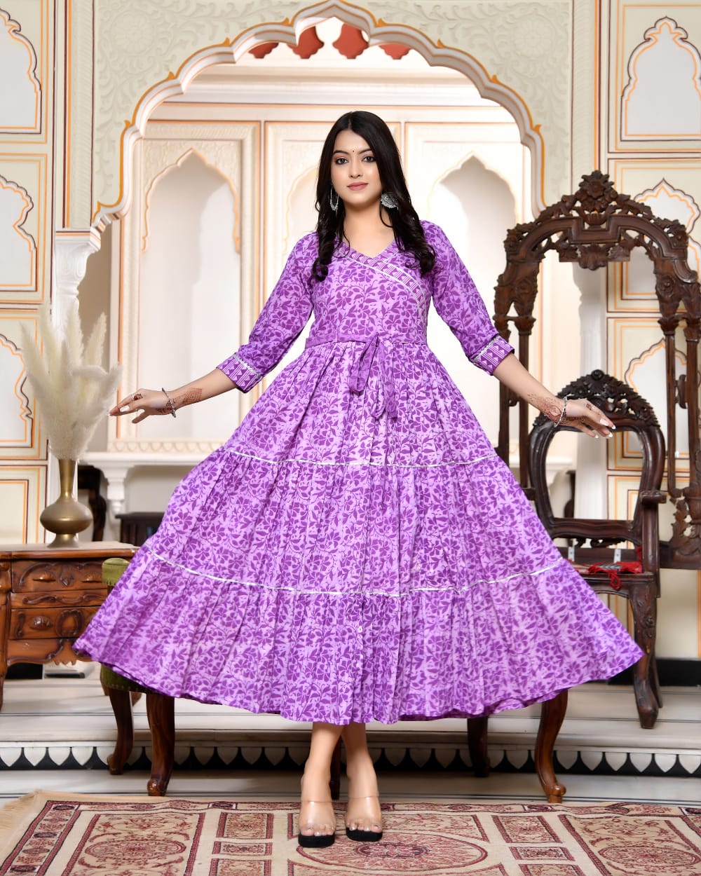 Pure cotton Bagru handblock printed & frilled Anarkali long gown (12 variants)