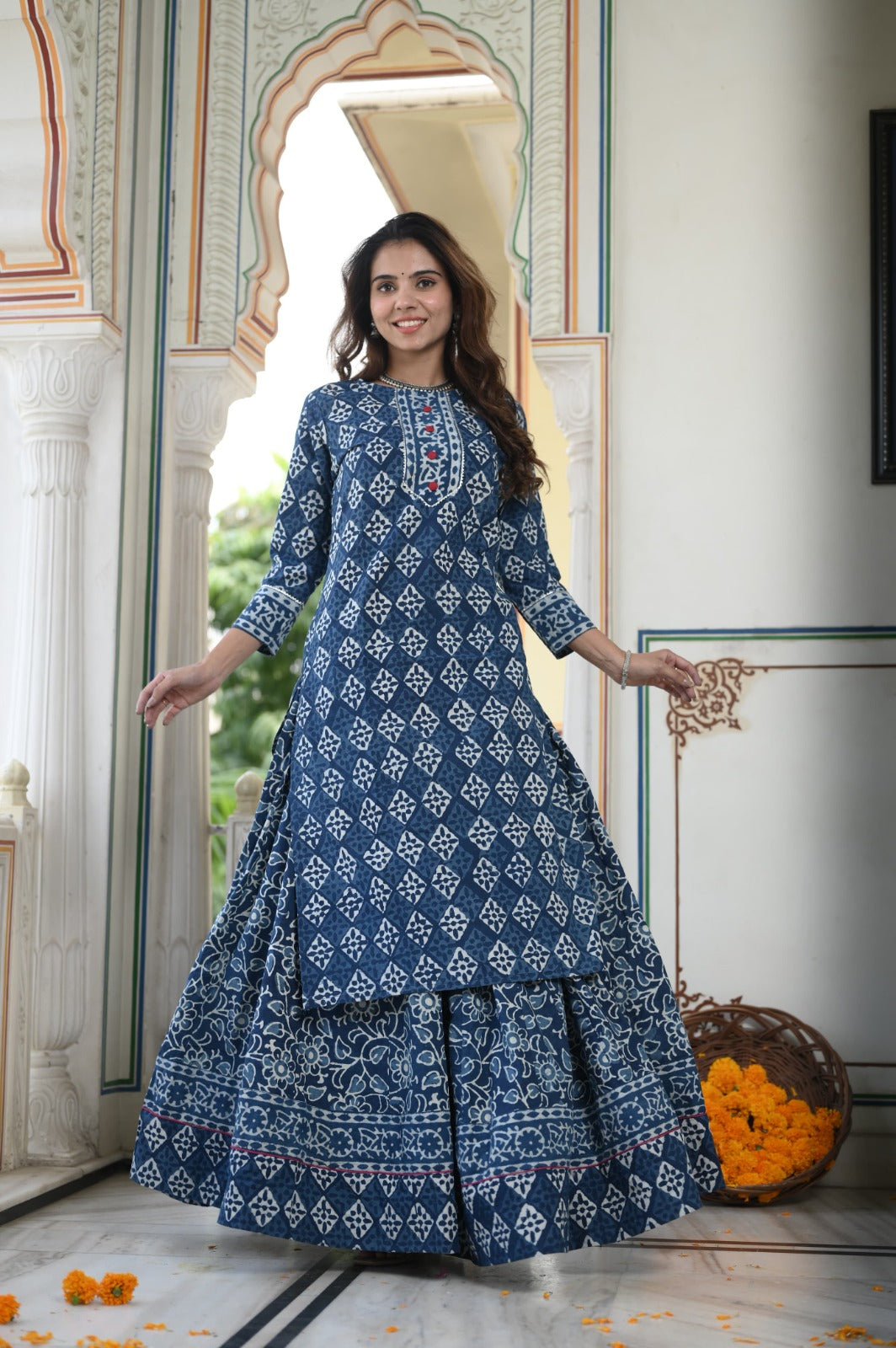 Handblock printed skirt and kurta set ( 34 variants)