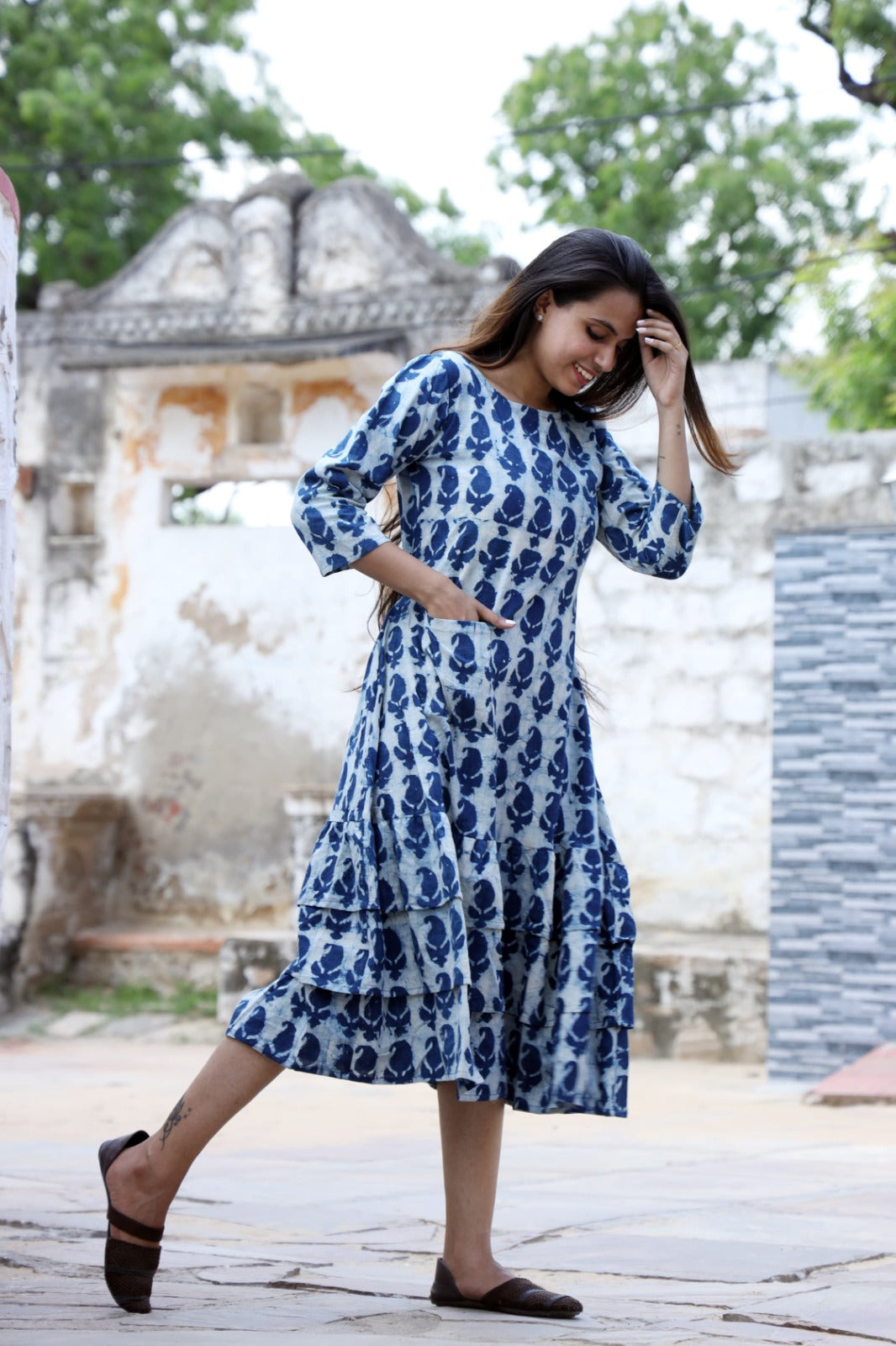 HandBlock Printed Pure Cotton one piece dress (3 frill- 13 variants)