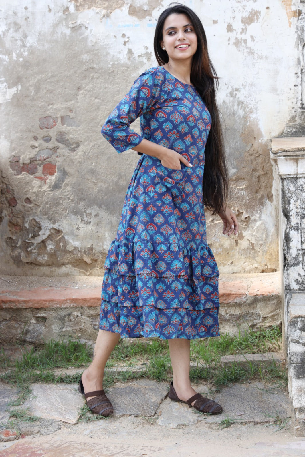 HandBlock Printed Pure Cotton one piece dress (3 frill- 13 variants)