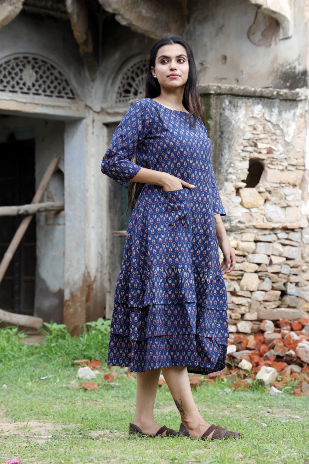 HandBlock Printed Pure Cotton one piece dress (3 frill- 13 variants)