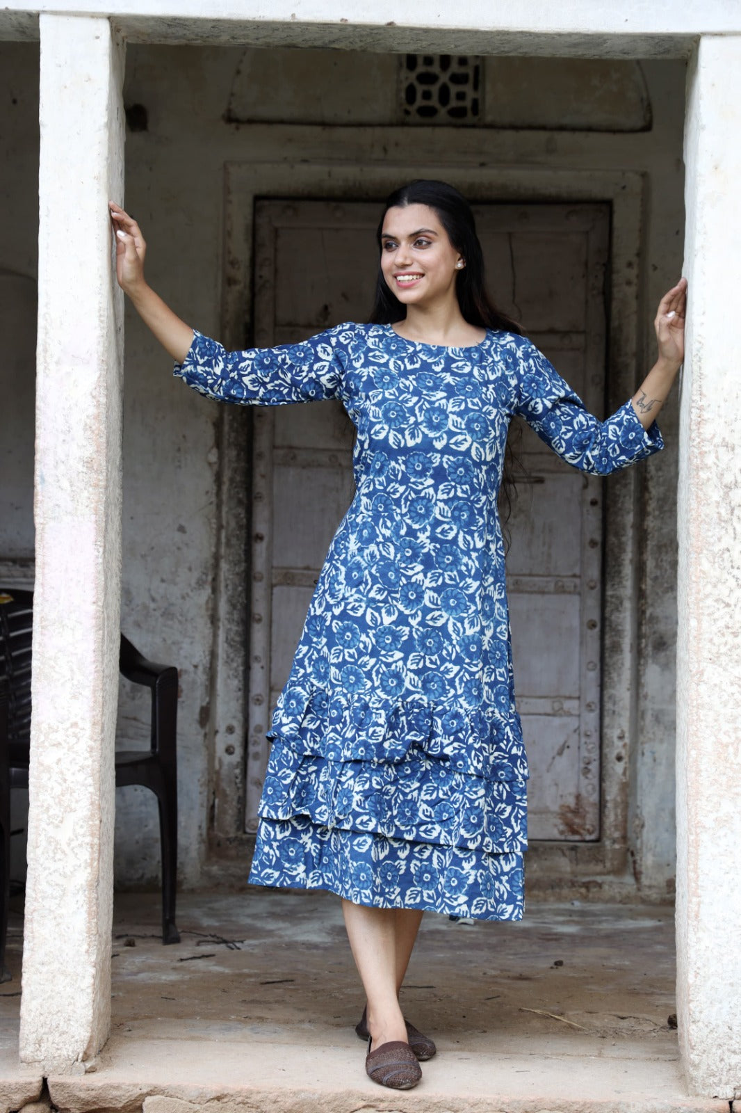 HandBlock Printed Pure Cotton one piece dress (3 frill- 13 variants)