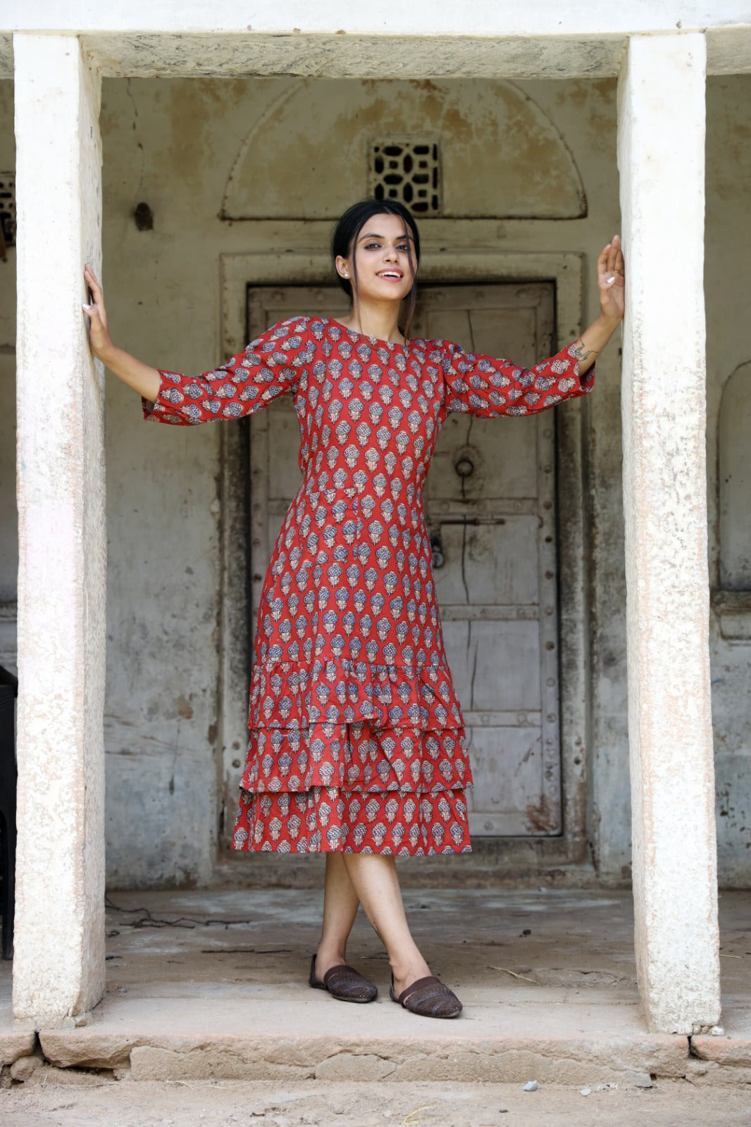 HandBlock Printed Pure Cotton one piece dress (3 frill- 13 variants)