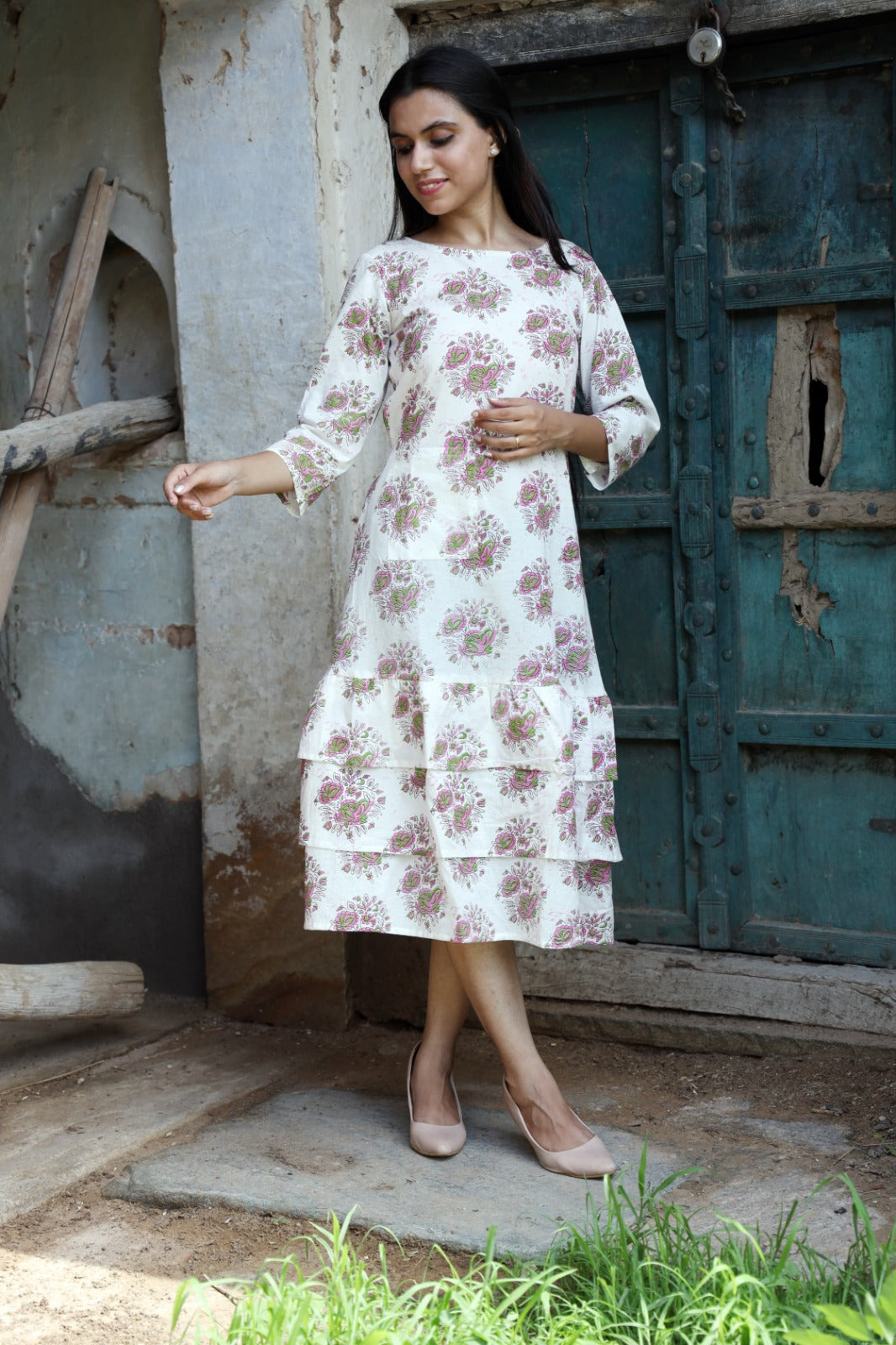 HandBlock Printed Pure Cotton one piece dress (3 frill- 13 variants)