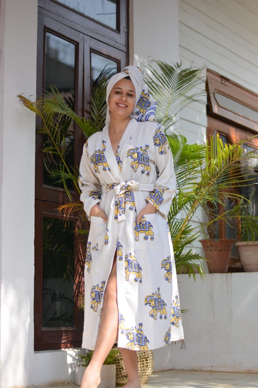 Honeycomb cotton Bathrobe with a towel (6 variants)