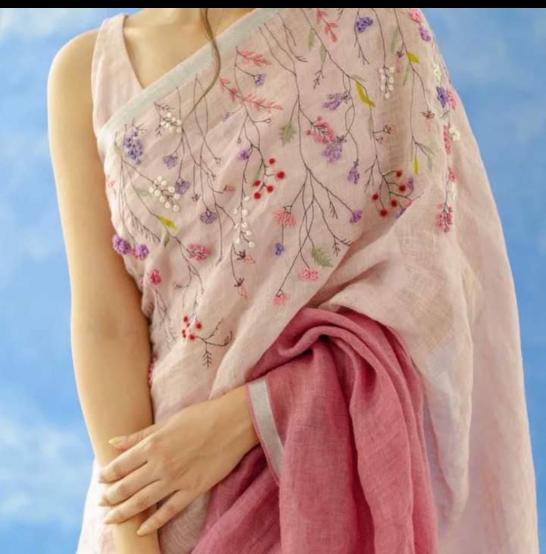 Pure & fine Linen Ombre Saree with handwoven floral embroidery